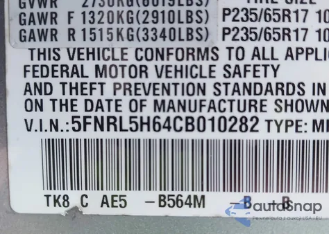 2012 Honda Odyssey Ex-L из США, поврежденный, VIN 5FNRL5H64CB010282